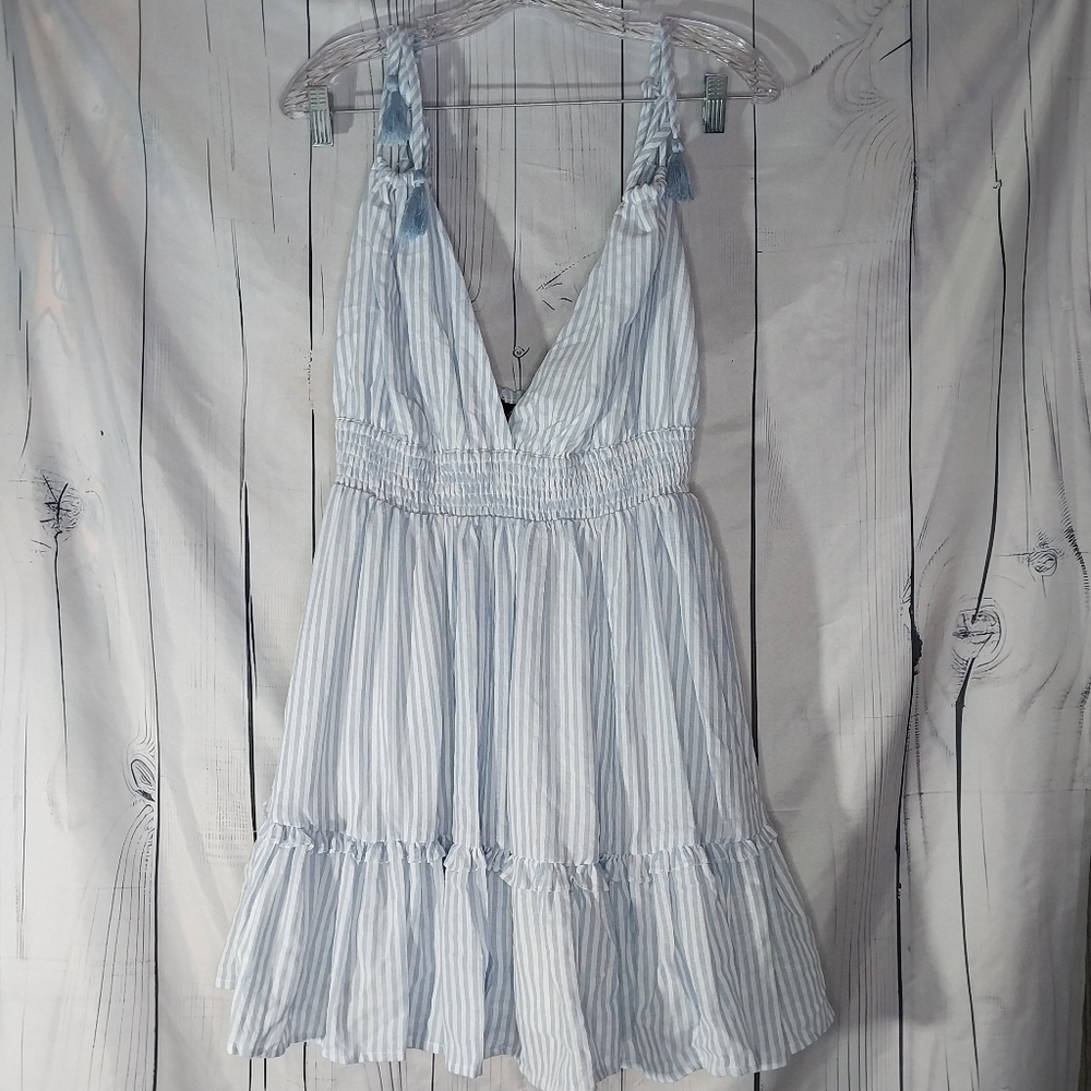Aakaa Light Blue And White Striped V-Neck Boho-Chic Coquette Babydoll Mini Dress